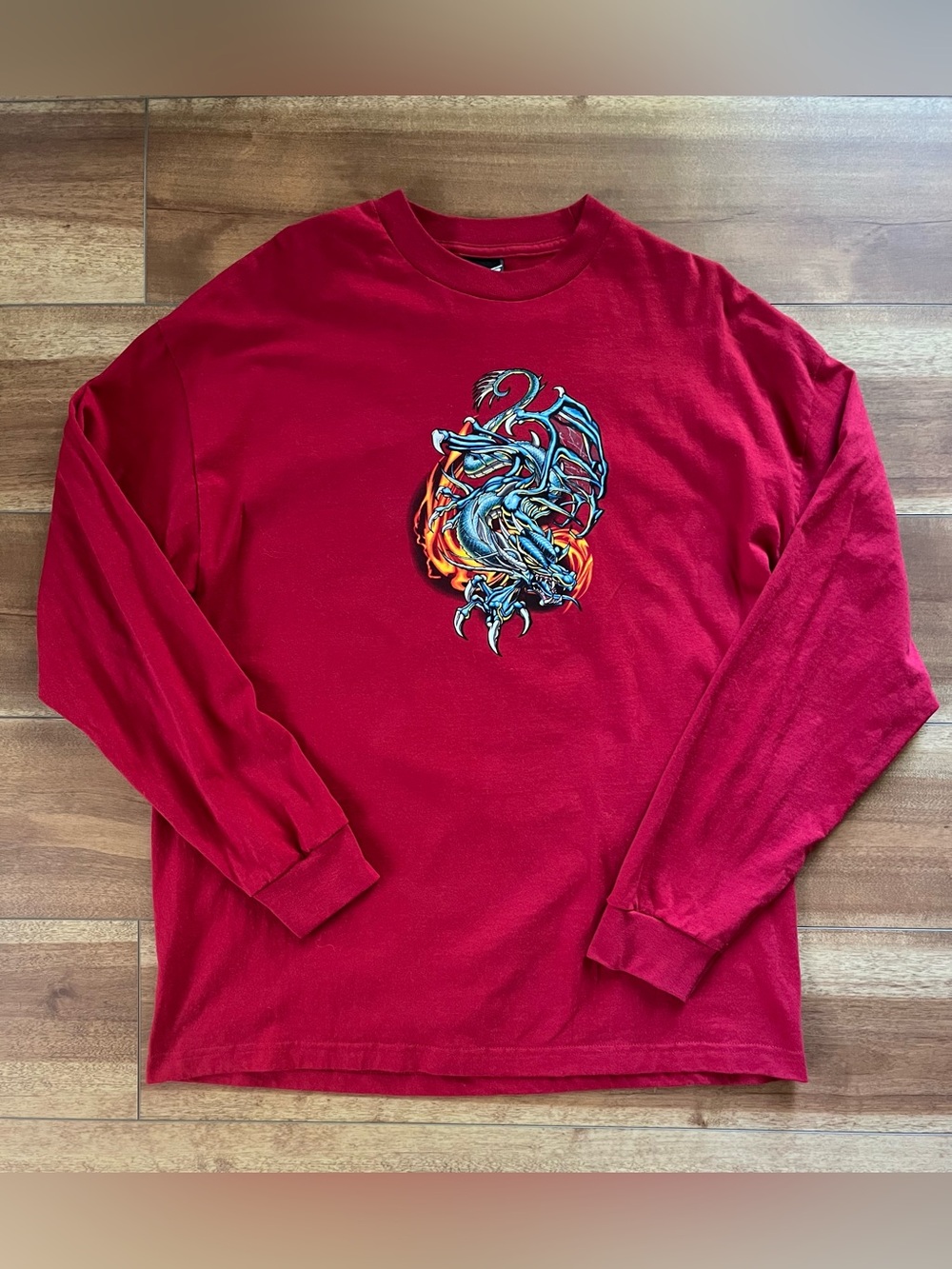 Men's Y2K 02’ Red Long-Sleeve Crewneck Shirt with Dragon Graphic